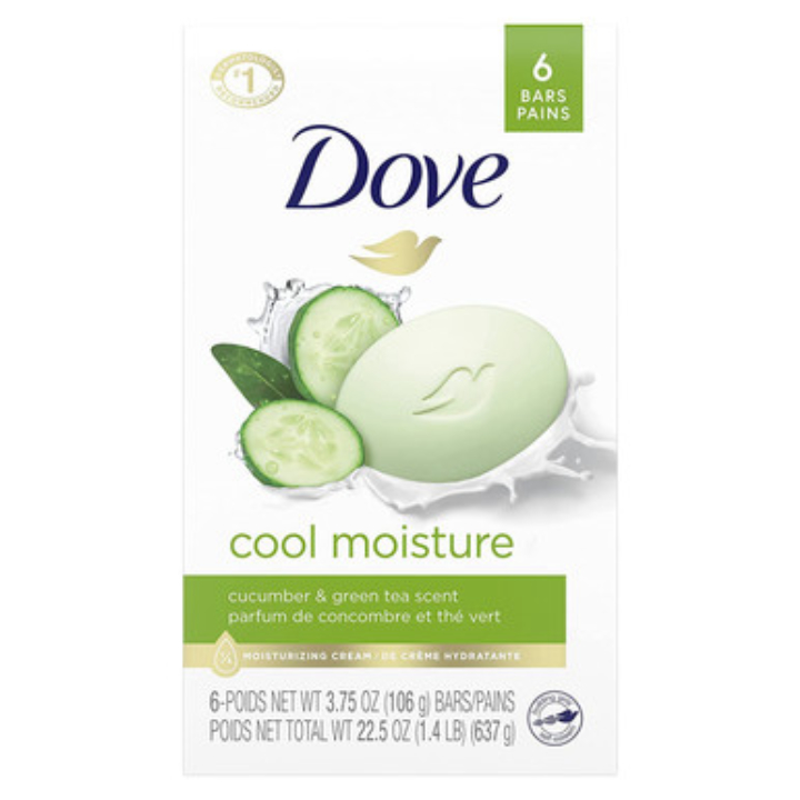Dove Beauty Bar Soap Cool Moisture Cucumber & Green Tea Scent, 6 Bars for Refreshed Skin, Leaves Skin Refreshed 3.75 oz