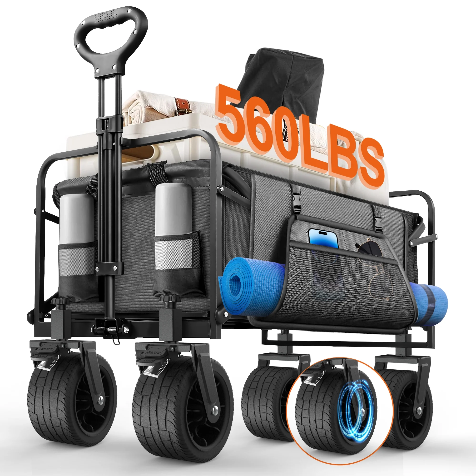 Qunler 560lbs Collapsible Folding Wagon, Big Bucket Beach Cart, Heavy Duty Large Capacity Garden Wagon with All-Terrain Brake Wheels for Outdoor Camping, Shopping, Sports, Grocery, Kids, Black