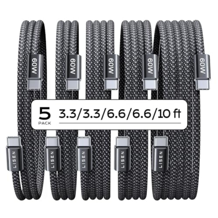 LISEN USB-C Cable 5-Pack – 60W Fast Charging, 10ft Included