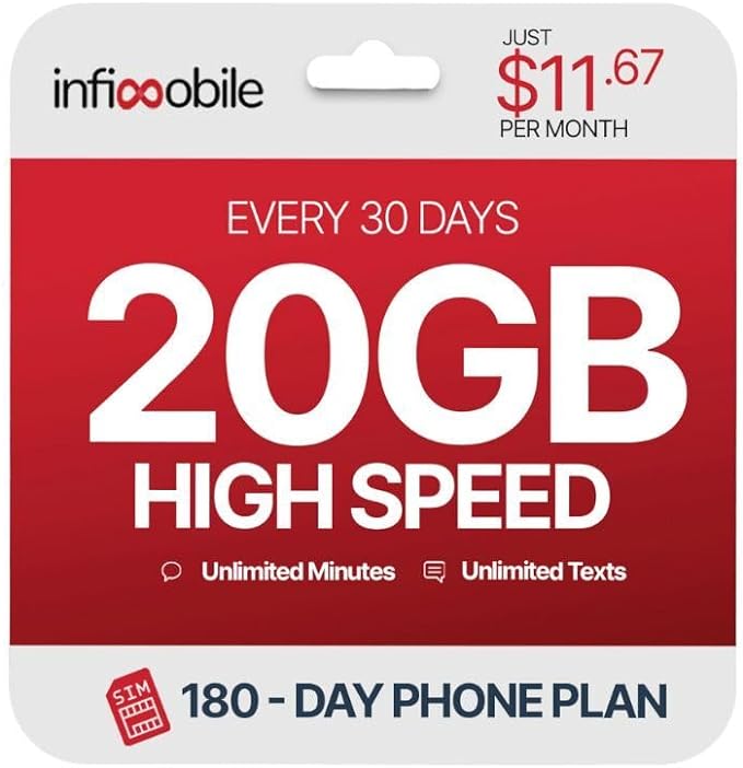 6-Month Infimobile Prepaid Unlimited Talk/Text/20GB 5G/4G Data Plan Sim Card 