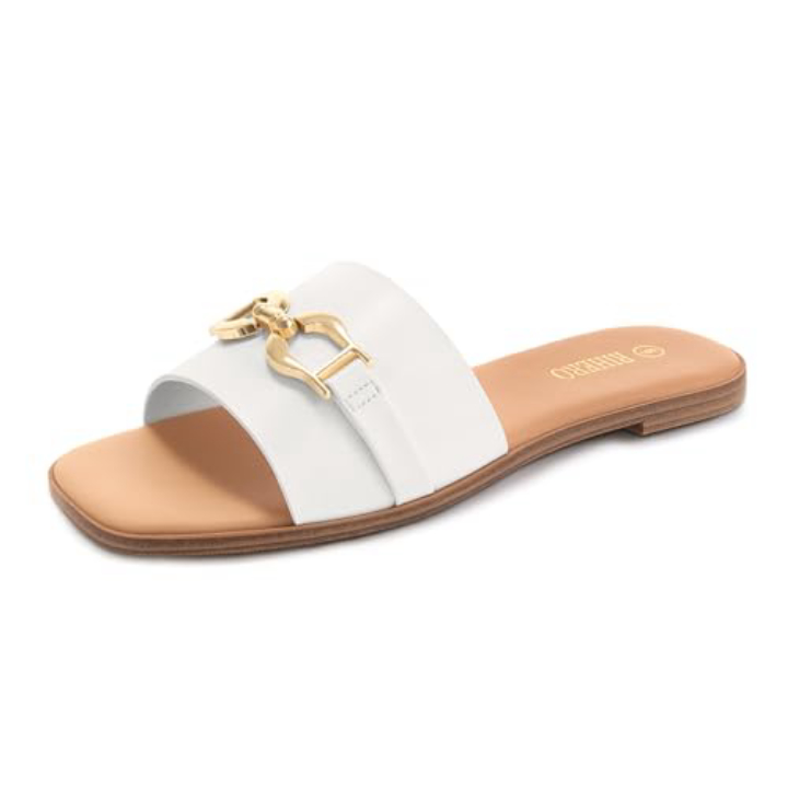 Rihero White Leather Slide Sandals with Gold Chain Detail