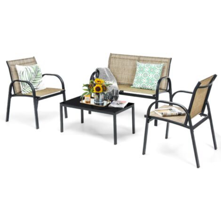 4-Piece Costway Patio Furniture Set with Glass Coffee Table
