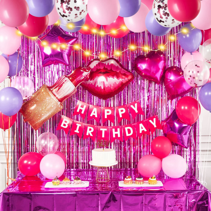 Sunbeauty 37Pcs Hot Pink Birthday Party Decorations Valentine's Day Party Supplies Kits with Heart Balloons Banner