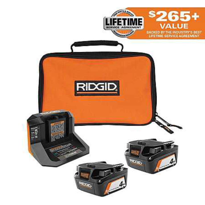 2-Pk RIDGID 18V Lithium-Ion 4.0 Ah Batteries with Charger & Bag