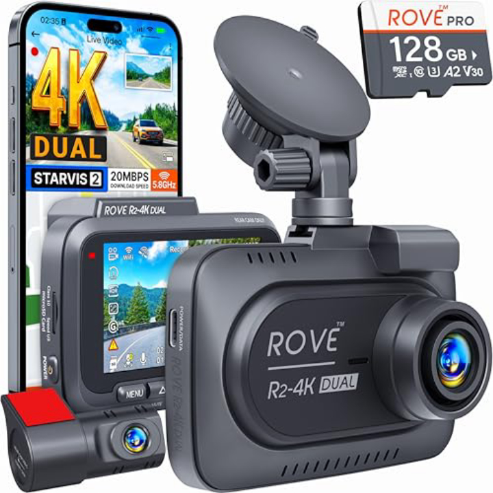 ROVE R2-4K Dual Dash Cam – 4K Front, 1080P Rear, STARVIS 2, 128GB Included