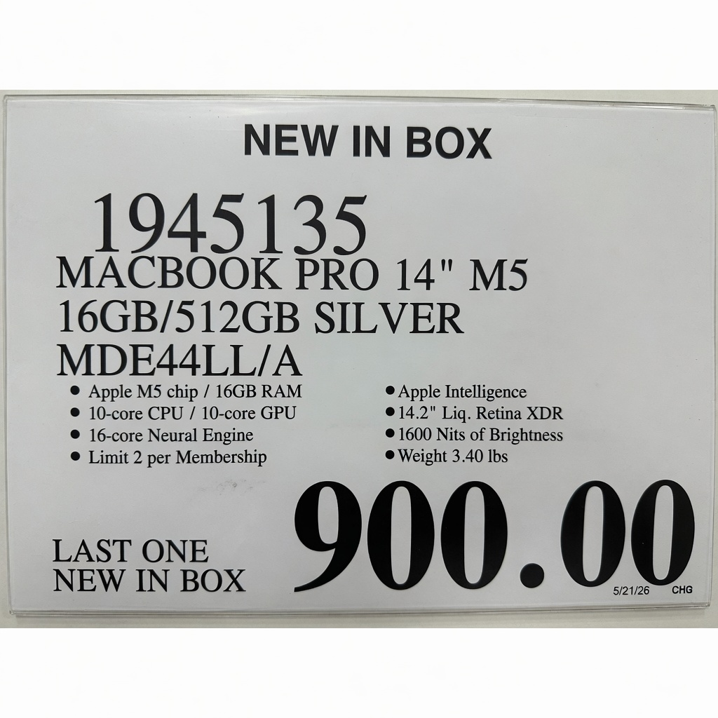 Costco 14-inch MacBook Pro - Apple M5 - 512GB SSD - Silve (YMMV InStore Clearance)