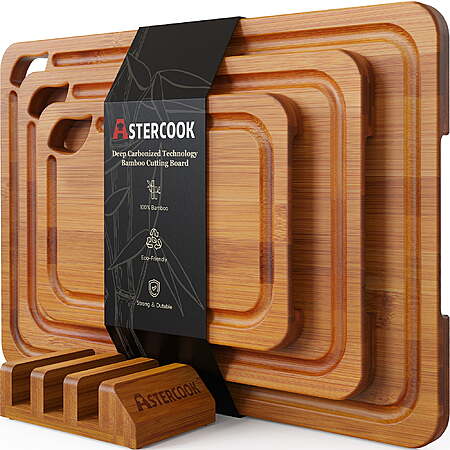 4-Piece Astercook Bamboo Wood Cutting Board Set w/ Juice Groove, Handles & Stand $23.99 + Free S&H w/ Walmart+ or on $35+