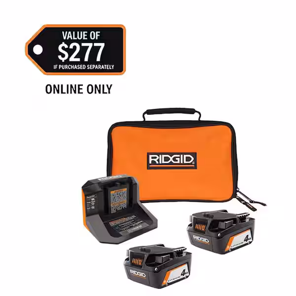 RIGID 18V Lithium-Ion (2) 4.0 Ah Battery Starter Kit with Charger and Bag $63.20