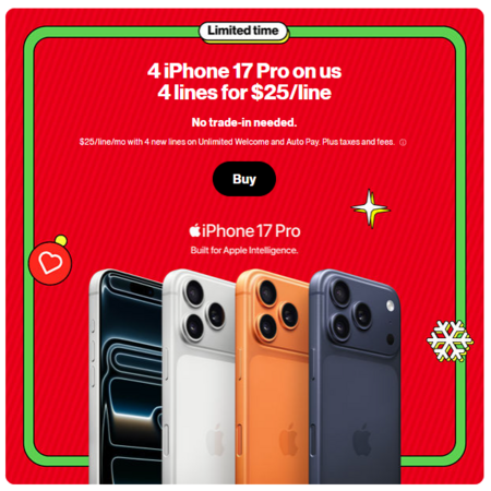 New Verizon Customers: 4 Lines Unlimited Plan + 4x 256GB iPhone 17 Pro/Galaxy S25+