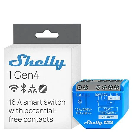 Shelly 1 Gen4 Wi-Fi, Zigbee & Matter Smart Relay Switch w/ Dry Contacts