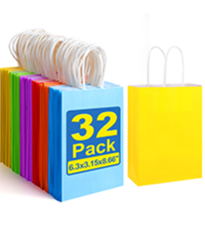 32-Pc XPCARE Kraft Paper Gift Bags, 6 Colors, 5.25" x 3.25" x 8.25"