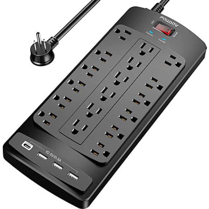 Powsav 18-Outlet 6' Flat Plug Surge Protector with 4 USB Ports