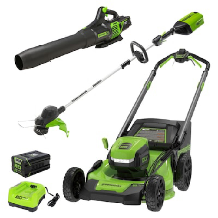 Greenworks PRO 80-volt Cordless Battery String Trimmer and Leaf Blower and Lawn Mower and Combo Kit
