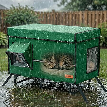 15.74"D x 26.77"W x 19.69"H Gardener Pet X-Large Insulated Outdoor Collapsible Cat House w/ Escape Door (Green, Grey) $29.99 + Free Shipping w/ Prime or on $35+