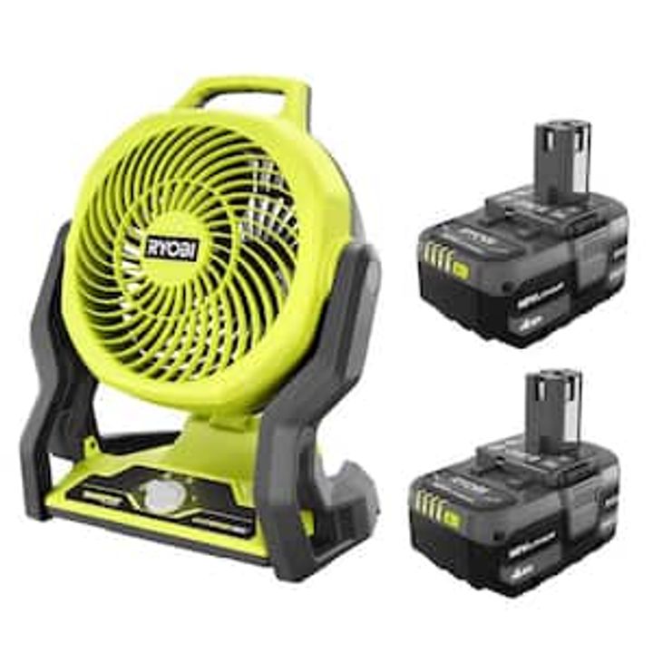 RYOBI ONE+ Cordless 7-1/2" Hybrid Fan + 4 Ah & 2 Ah Battery Kit