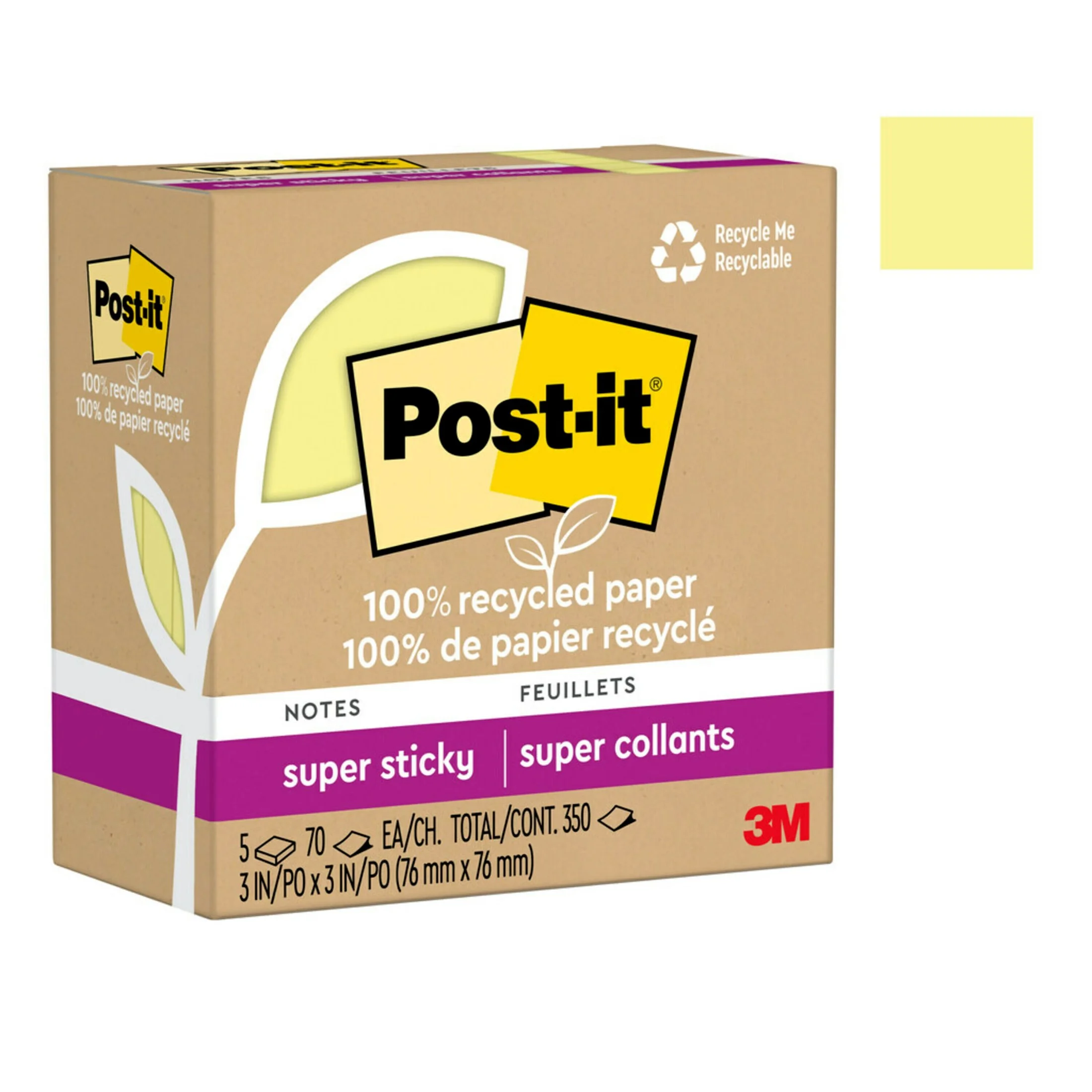 Post-it Recycled Super Sticky Notes Made with 100% Recycled Paper, 3 in x 3 in, Canary Yellow, 5 Pads