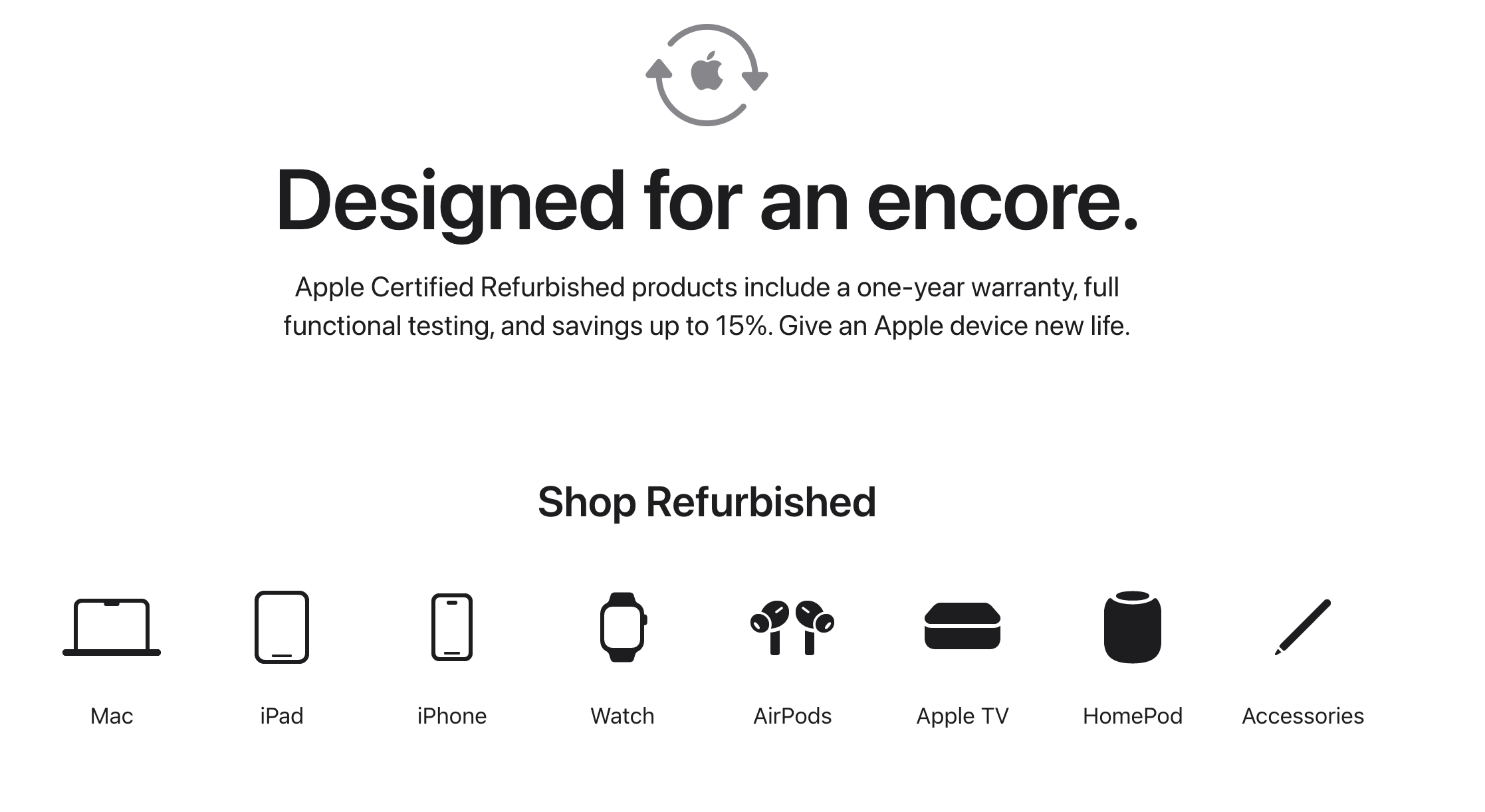 Apple's refurbished page, Designed for an encore: Certified Refurbished products include a one-year warranty, full functional testing, and savings up to 15%.