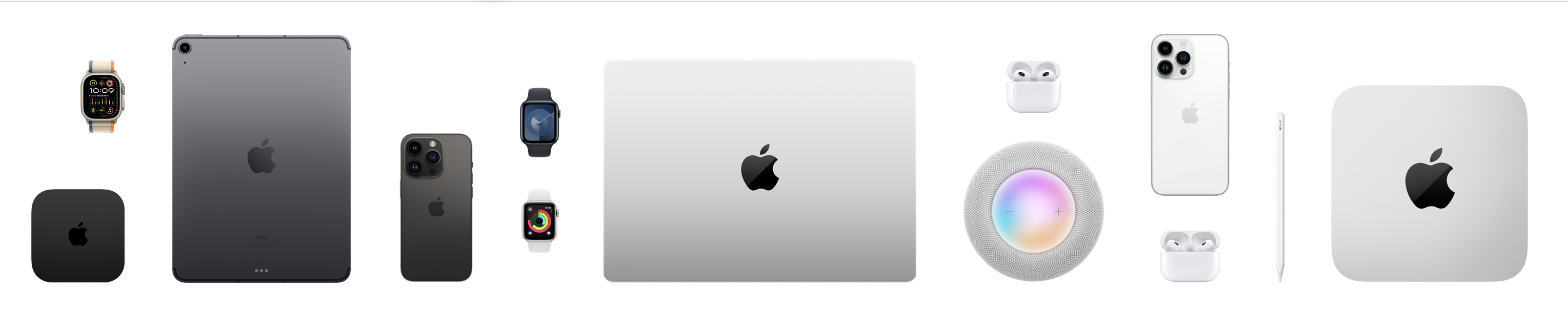 The Apple product family: Apple TV, iPad, iPhone, Apple Watch, MacBook, HomePod, AirPods, Apple Pencil, and Mac mini.