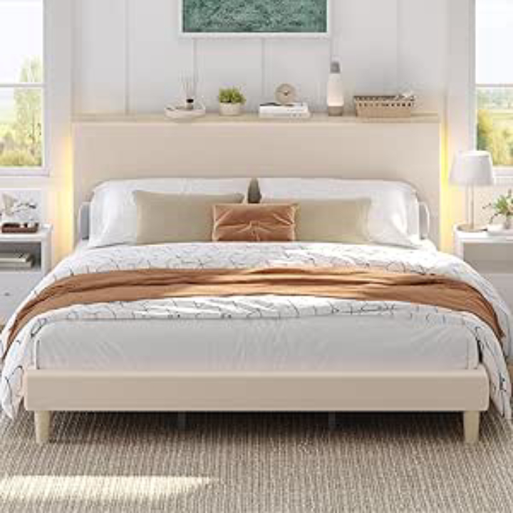 Bestier Queen Platform Bed with Adjustable Storage Headboard Shelf, LED Corduroy Upholstered Bed Frame, Cream
