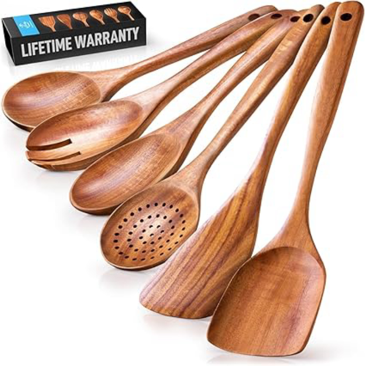 Zulay Kitchen 6 Piece Wooden Spoons for Cooking – Natural Teak Wooden Utensil Set