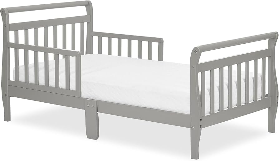 Classic Sleigh Toddler Bed In Cool Grey, JPMA Certified, Comes With Safety Rails, Non-Toxic Finishes, Low To Floor Design, Wooden Nursery Furniture