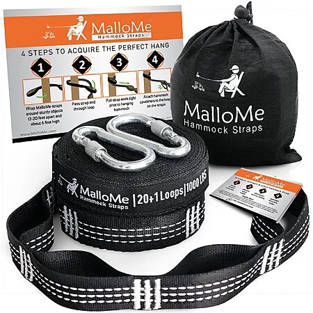 $13.98: MalloMe XL Hammock Straps for Trees, 2000+ LBS, 40 Loops, 100% No Stretch Suspension System Kit, 2 Carabiners, 12 Feet, Black