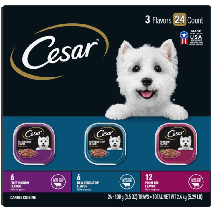 Cesar Filets in Gravy Beef Flavors Variety Pack Adult Wet Dog Food, 3.5-oz tray, case of 24