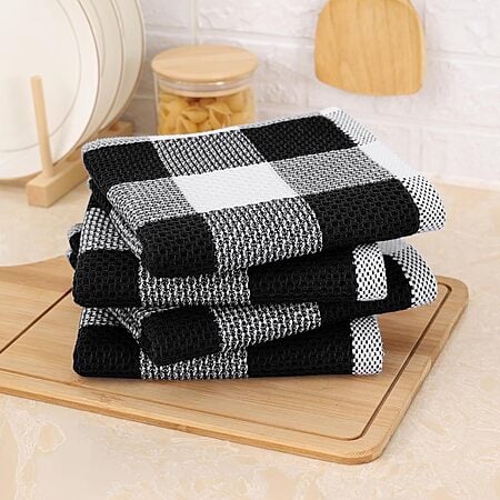 4-Pk 13"x28" Mordimy 100% Cotton Waffle Weave Kitchen Towels (Black/White)