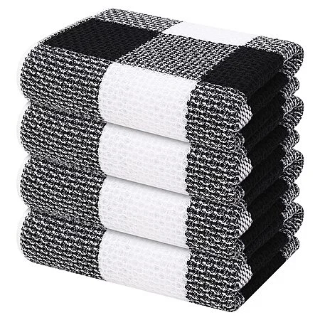 4-Pk 13"x28" Mordimy 100% Cotton Waffle Weave Kitchen Towels (Black/White)