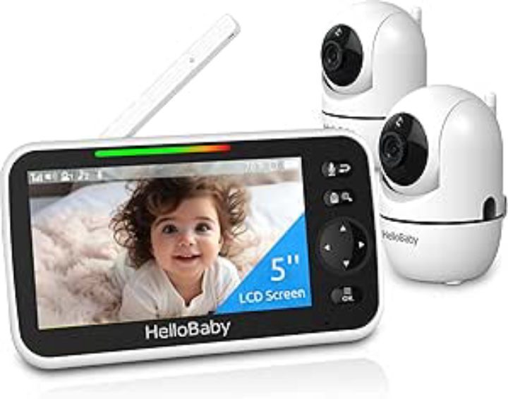 HelloBaby 5’’ Baby Monitor with 26-Hour Battery, 2 Cameras Pan-Tilt-Zoom, 1000ft Range Video Audio Baby Monitor