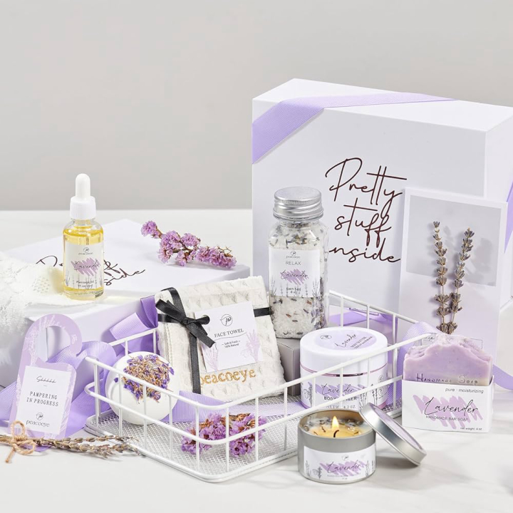 Peacoeye Valentines Day Gifts for Women Spa Gifts Lavender Bath Gift Baskets Relaxing Self Care Gift for Mom Her Sister Wife Auntie Home Bath and Body Works Care Package Birthday Friendship Gift Ideas