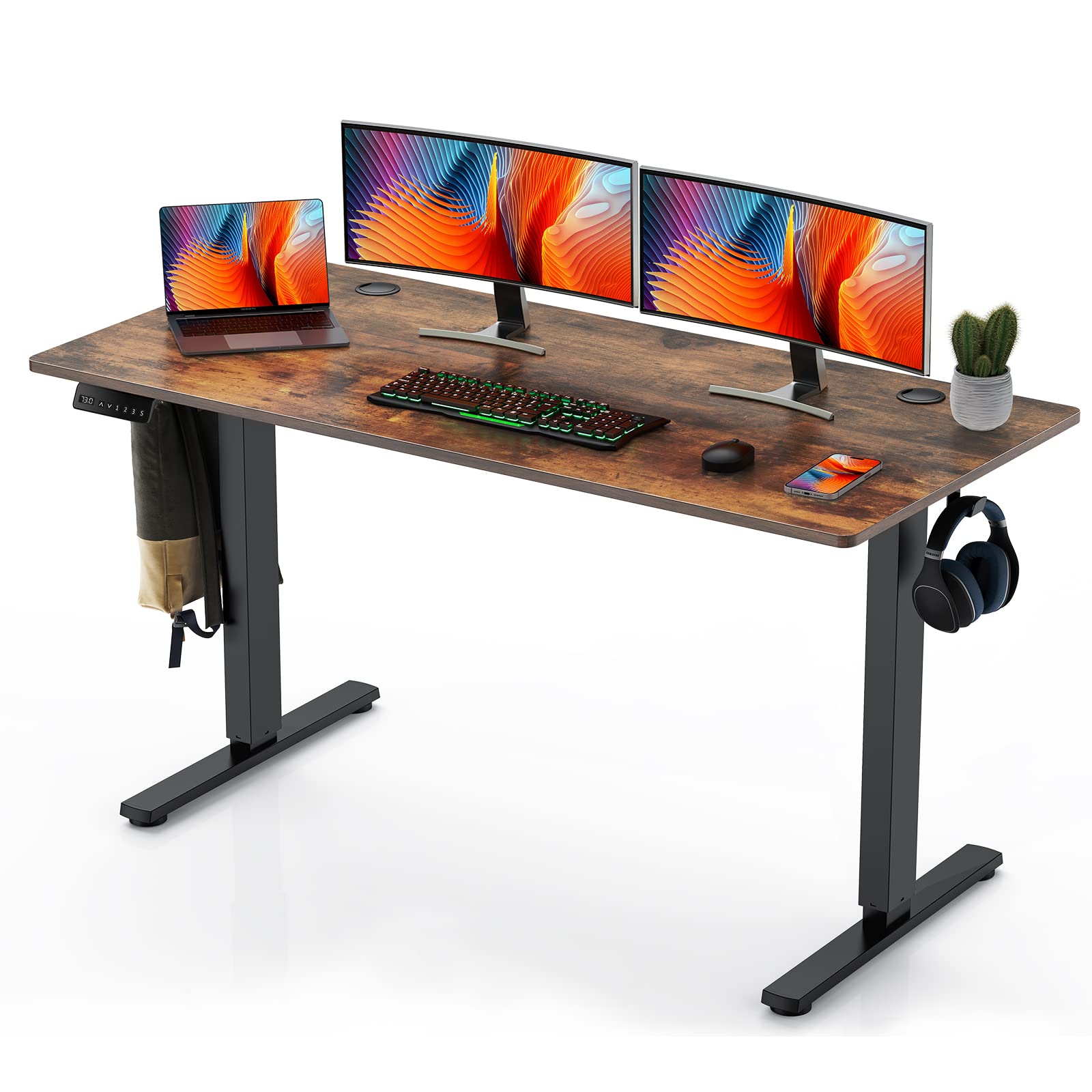 Sweetcrispy 55 x 24in Adjustable Height Electric Standing Computer Home Office Desk Ergonomic Workstation with 3 Memory Controller, 55"x24", Rustic Brown+Black
