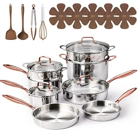 $119.99: CAROTE 21pcs Tri-Ply Stainless Steel Cookware Set, Pots and Pans Set, Mirror Polish