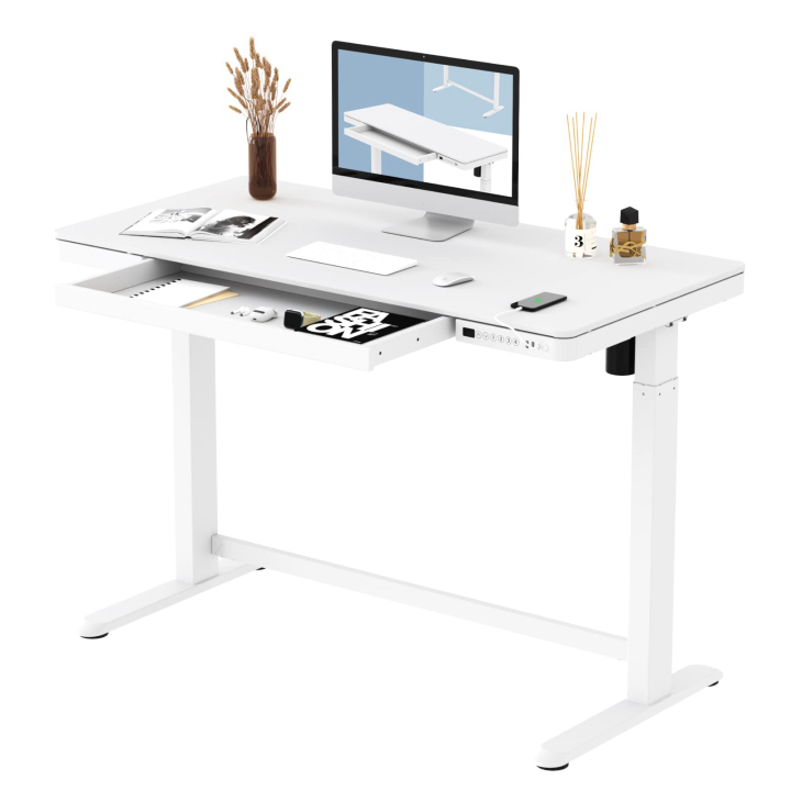 FlexiSpot Comhar Standing Desk with Drawer (White, Glass Desktop) 48"x24" 