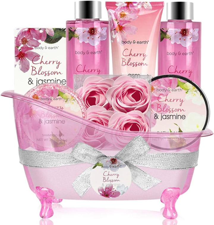 Gift Baskets for Women - Body & Earth Bath and Body Gift Set for Women, Cherry Blossom & Jasmine Spa Gifts with Bubble Bath, Shampoo Soap Lotion Set, Regalos Para Mujer, Valentines Day Gifts for Her