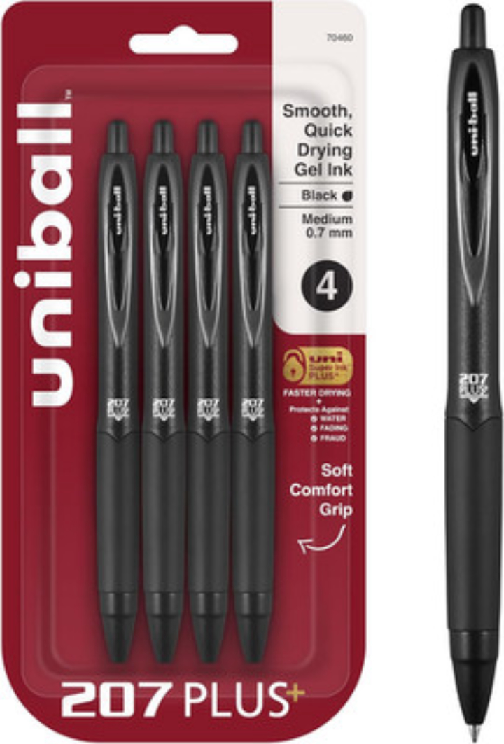 4-Pack Uniball 207 Plus+ Retractable Gel Pens, Medium Point 0.7mm, Black