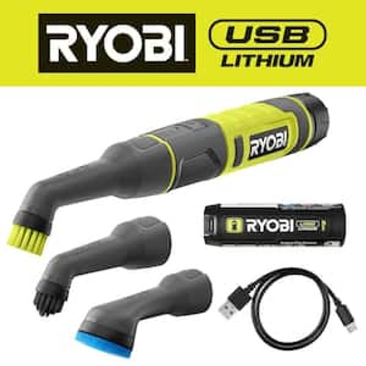 RYOBI USB Lithium Cordless Compact Detail Scrubber Kit w/ 2Ah Battery, 3x Heads