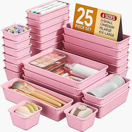 25-Piece Plastic Drawer Organizer Set (Black or Pink) at Amazon