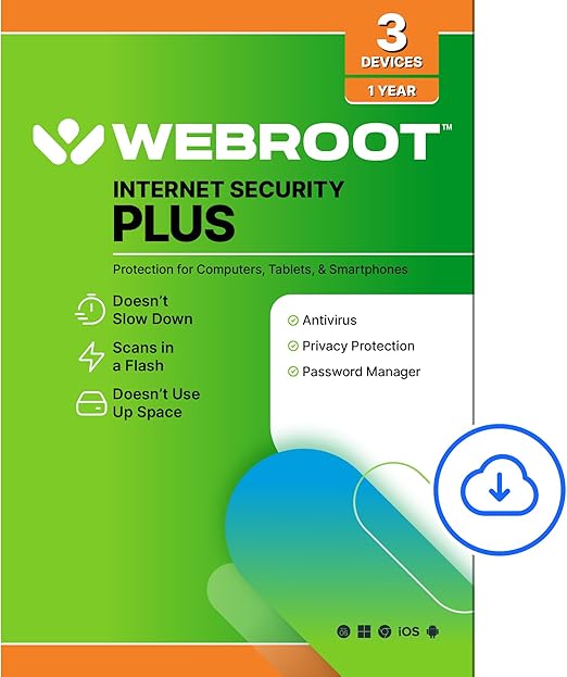 Webroot Internet Security Plus Antivirus Software 2026 3 Device 1 Year Download+password manager