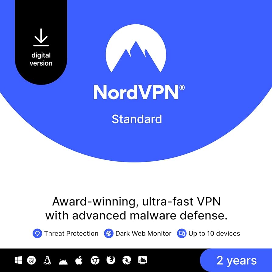 NordVPN Standard | 2-Year VPN & Cybersecurity Software Subscription For 10 Devices | Block Malware, Malicious Links & Ads, Protect Personal Information | PC/Mac/Mobile | Digital Code